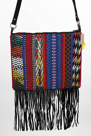 Tribal Patterned Side Bag With Tassel And Fringes 6BAI